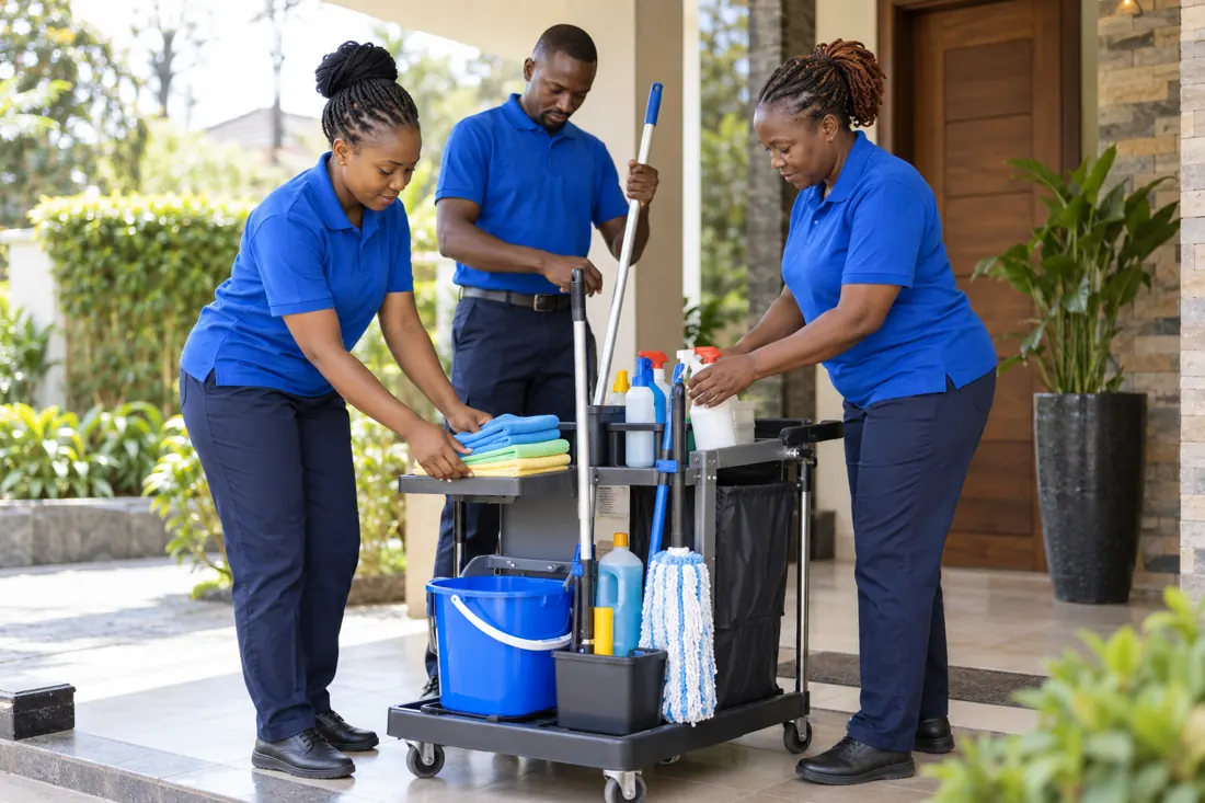 Illustrative image of a cleaning team preparing equipment and supplies