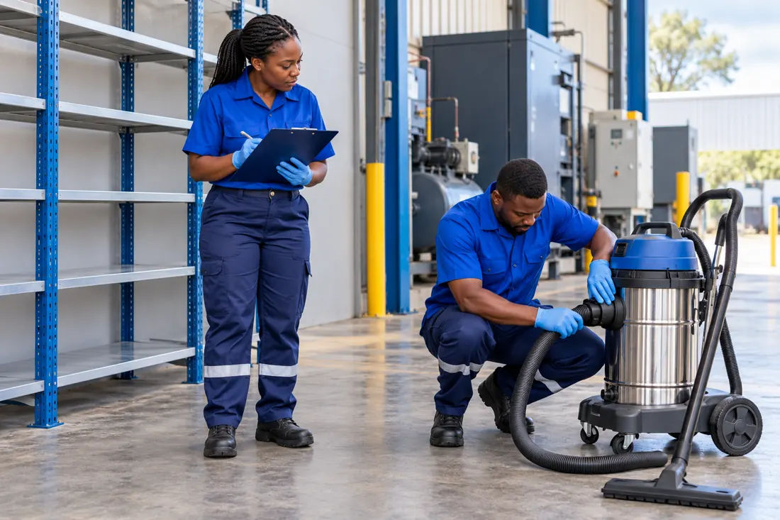 Illustrative image of industrial cleaning preparation and equipment checks